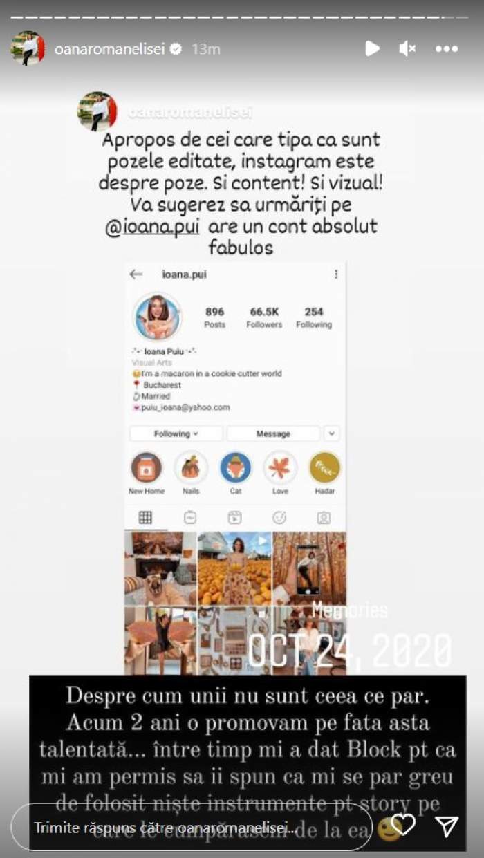 Replica Oanei Roman după ce a primit block pe Instagram de la o tânără pe care a „promovat-o” în trecut: „Unii nu sunt ceea ce par”