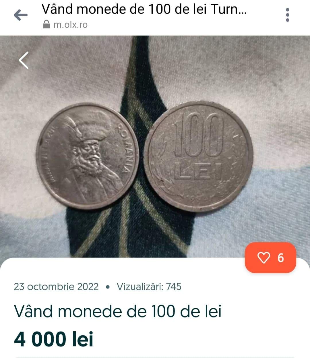 Moneda de 100 de lei, cu chipul lui Mihai Viteazul, se vinde cu o sumă frumoasă pe OLX. Ce preț are acum