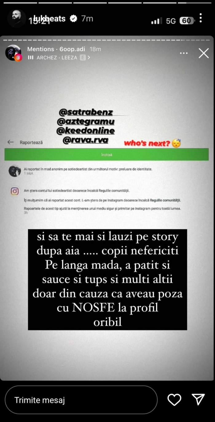 Contul de Instagram al soției lui Nosfe a fost șters, după ce mai multe persoane au dat report. Ce a anunțat Lu-K Beats: „Ar trebui să te gândești...”