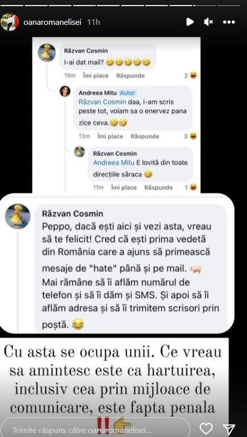 Oana Roman, pregătită să-și facă dreptate, după ce a primit mesaje de hate și pe mail. Replica tranșantă a vedetei: „Este faptă penală”