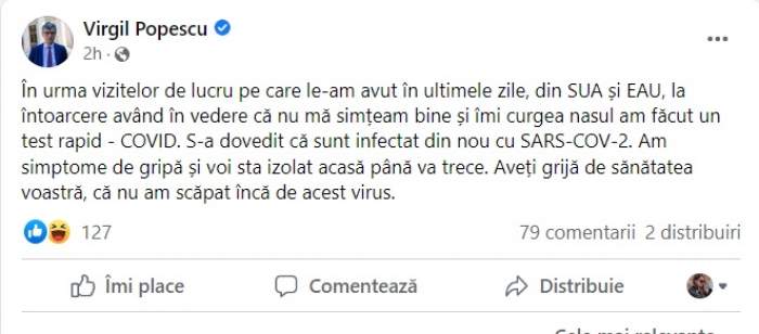 Ministrul Energiei are Covid-19. Care este starea de sănătate a lui Virgil Popescu: "Nu am scăpat încă de acest virus"