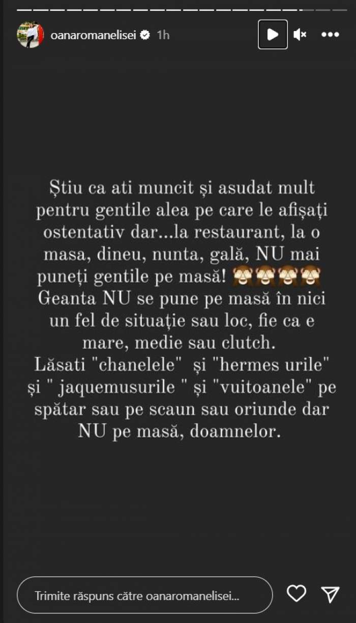 Oana Roman nu este de acord cu obiceiul femeilor de a pune geanta de firmă pe masă