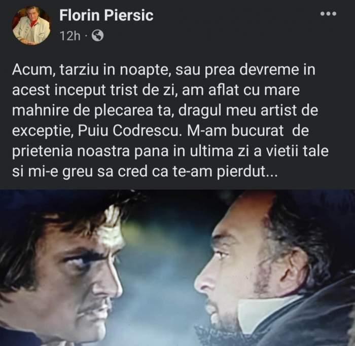 Mesajul trist postat de Florin Piersic, după moartea actorului Constantin Codrescu: „Mi-e greu să cred...” / FOTO