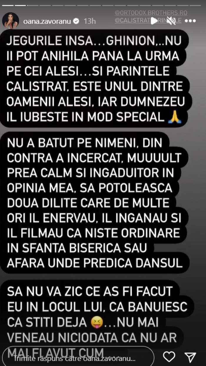 Oana Zăvoranu îi ia apărarea preotului Calistrat Chifan. Mesajul transmis de vedetă: „A încercat mult prea calm să potolească două dilite”