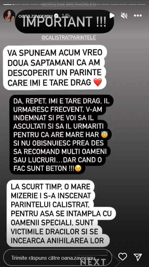 Oana Zăvoranu îi ia apărarea preotului Calistrat Chifan. Mesajul transmis de vedetă: „A încercat mult prea calm să potolească două dilite”