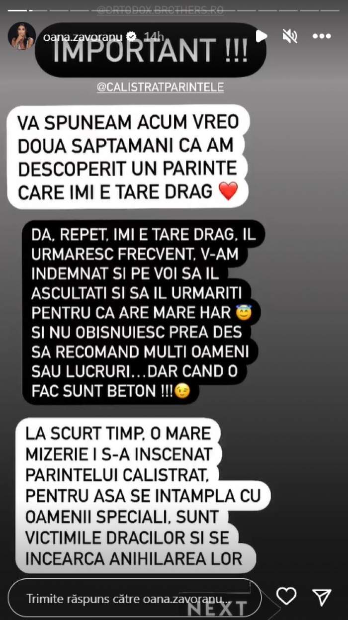 Oana Zăvoranu îi ia apărarea preotului Calistrat Chifan. Mesajul transmis de vedetă: „A încercat mult prea calm să potolească două dilite”