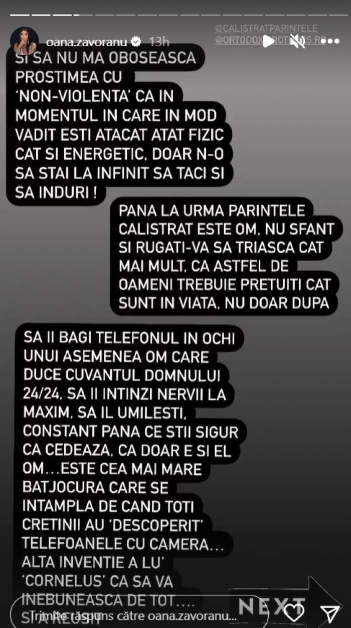 Oana Zăvoranu îi ia apărarea preotului Calistrat Chifan. Mesajul transmis de vedetă: „A încercat mult prea calm să potolească două dilite”