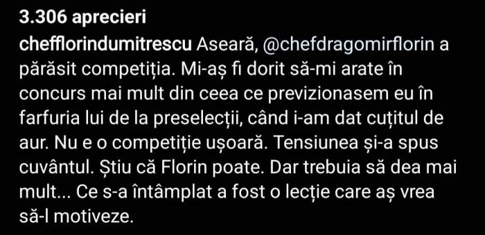 Mesajul transmis de Florin Dumitrescu, după ce cuțitul său de aur a fost eliminat, la Chefi la cuțite: ”Ce s-a întâmplat a fost...” / FOTO