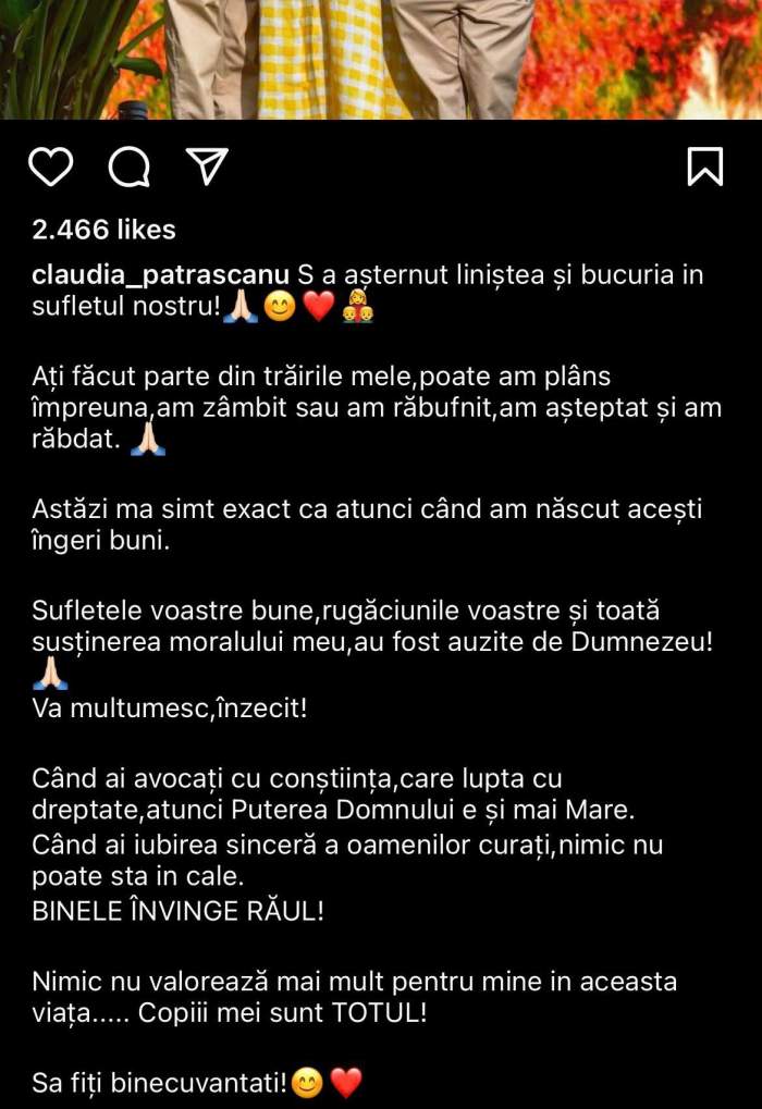 Claudia Pătrășcanu, mesaj emoționant după ce a aflat că băieții pe care îi are cu Gabi Bădălău rămân la ea. Artista radiază de fericire: „S-a așternut liniștea” / FOTO