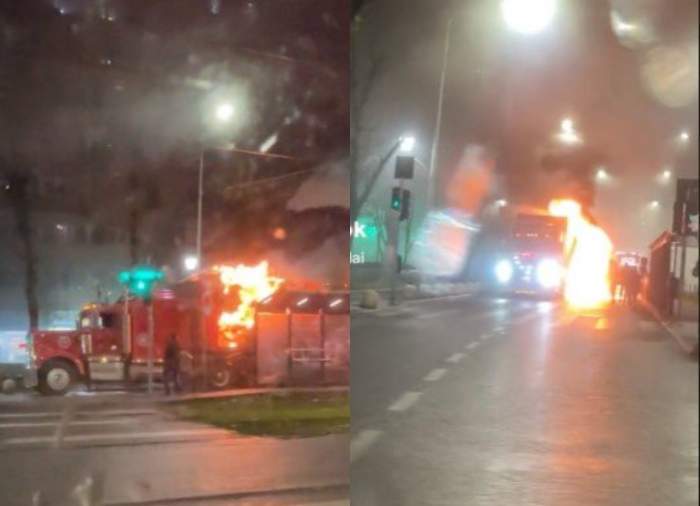 A ars camionul lui Moș Crăciun! Mai multe persoane care se aflau seara trecută pe o șosea din București au privit neputincioși flăcările  