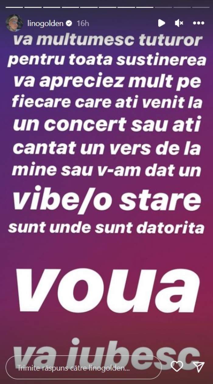 Lino Golden, mesaj emoționant pentru fanii lui. Ce le-a transmis: „Sunt unde sunt datorită vouă”