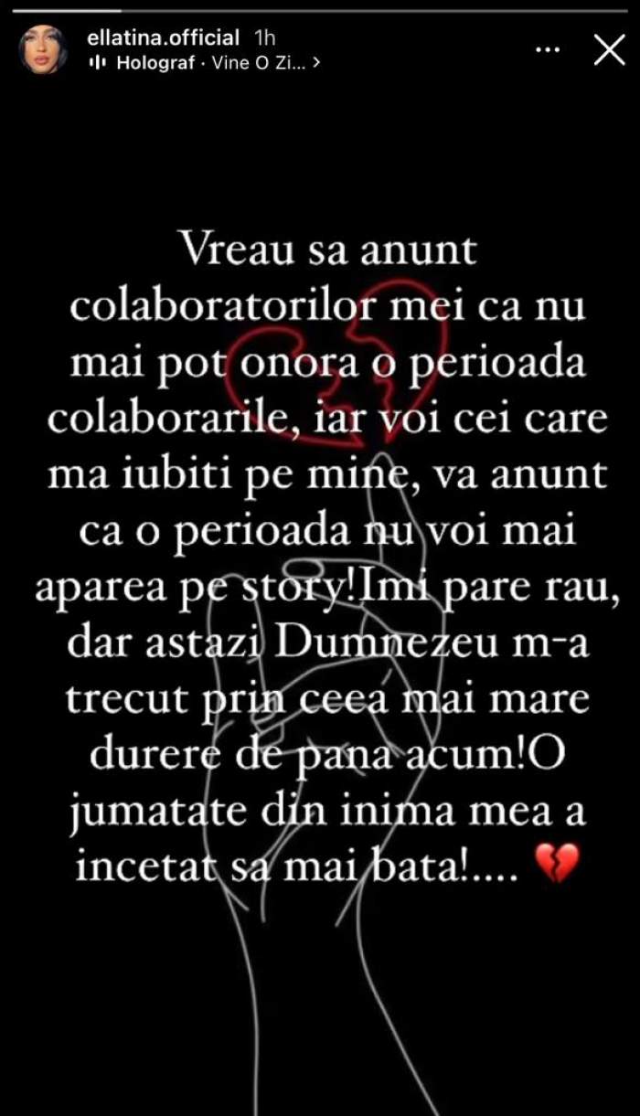 Ella Tina, anunț trist în mediul online. Bruneta trece prin clipe cumplite: "O jumătate din inima mea a încetat să mai bată”