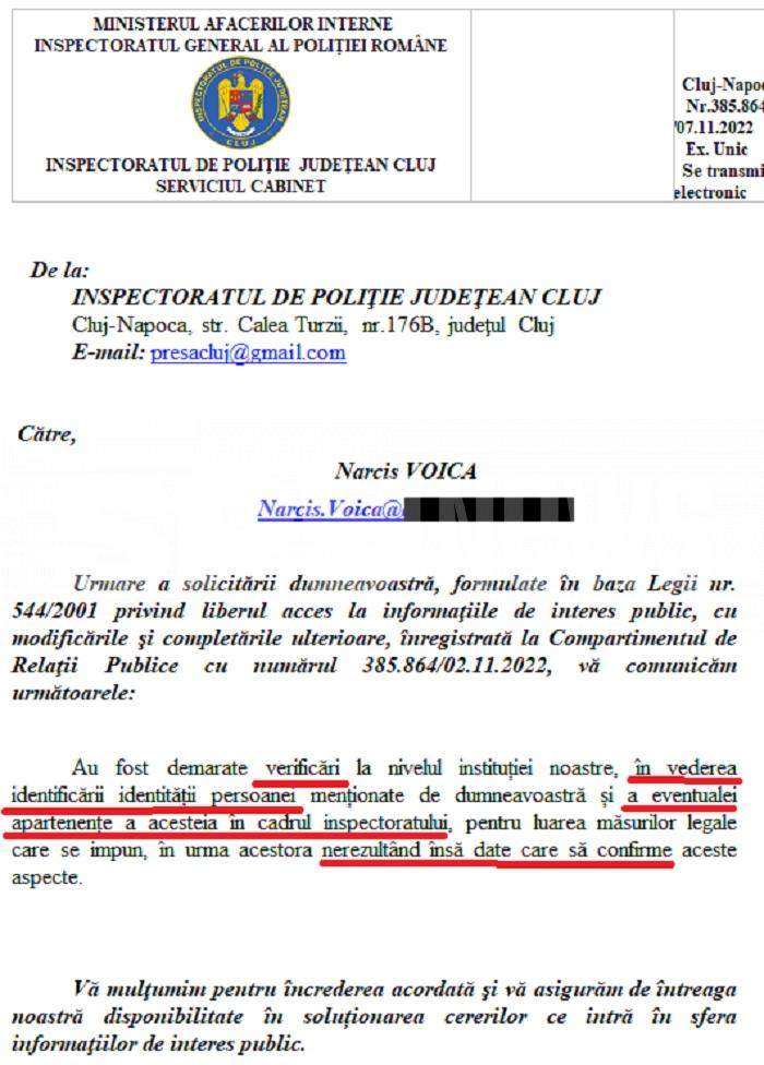 Polițiști atacați de un fals „agent de la IPJ Cluj”! Document exclusiv transmis de Poliția Română