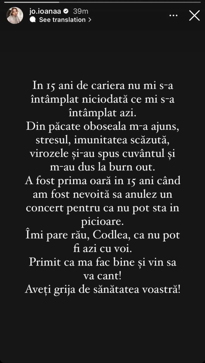 Jo, probleme de sănătate! Cântăreața a fost nevoită să își anuleze concertul: „Nu pot sta în picioare”