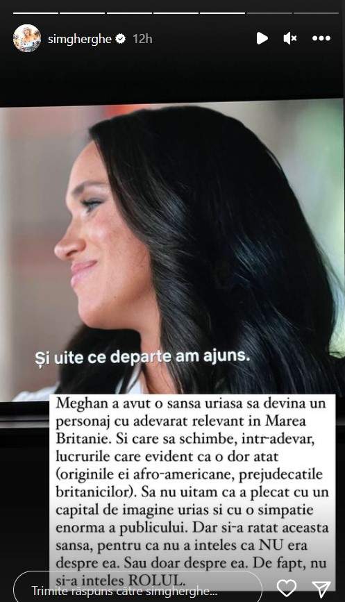 Meghan Markle n-a câștigat simpatia Simonei Gherghe cu dezvăluirile din documentarul momentului. Reacția dură a prezentatoarei: „Și-a ratat misiunea”