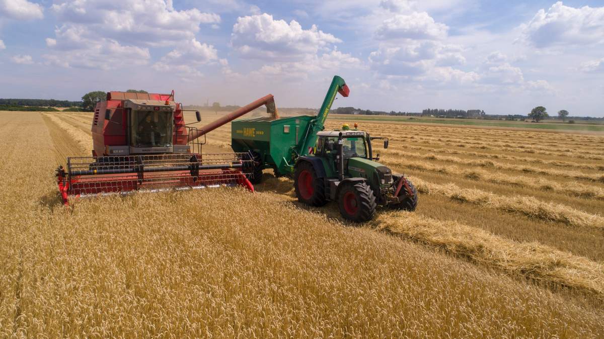 Un tractor culege seminte de pe un câmp agricol.
