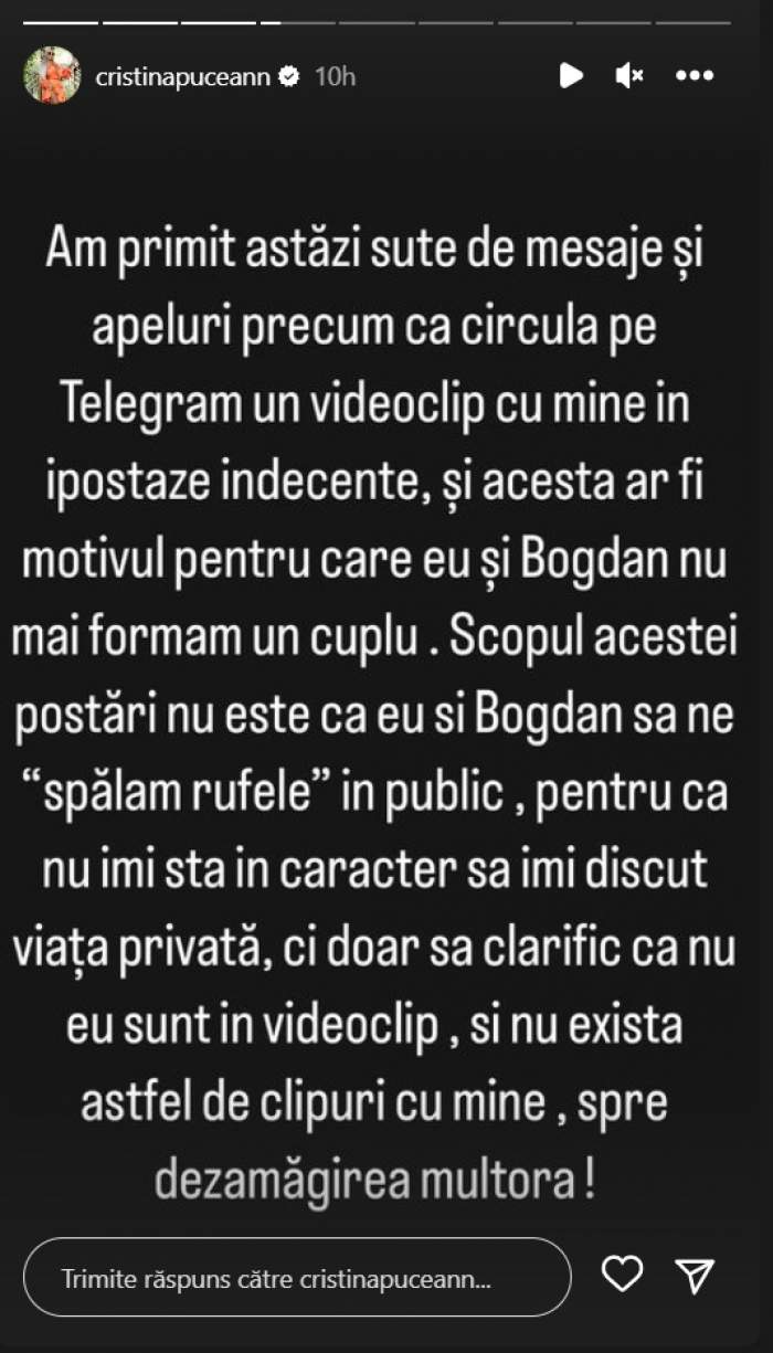 Ce a spus Cristina Pucean, după ce s-a speculat faptul că s-a despărțit de Bogdan de la Ploiești, din cauza imaginilor indecente apărute cu ea în mediul online