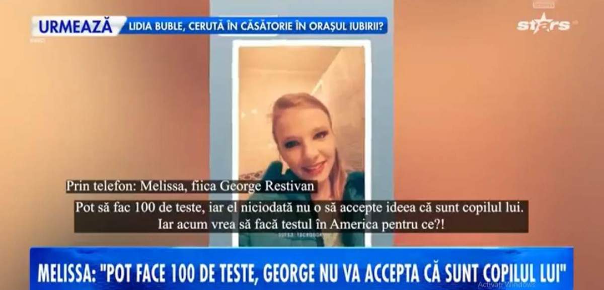Melissa este fiica logodnicului Adrianei Bahmuțeanu, George Restivan