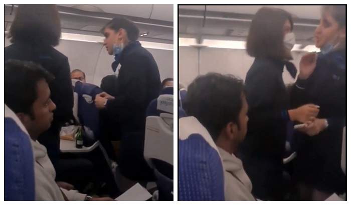 O stewardesă a fost surprinsă în timp ce în spune unui pasager să tacă, după ce ar fi avut un alt conflict cu o altă angajată a echipajului