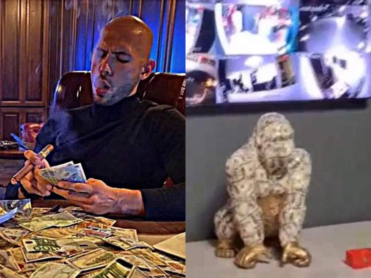 Gorila făcută din dolari, găsită în timpul perchezițiilor din vila fraților Tate. Gorila din bancnote de dolari.