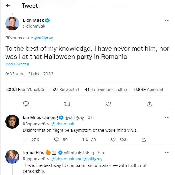 Elon Musk pune capăt speculațiilor unei presupuse legături între el și Andrew Tate: „Nu l-am întâlnit niciodată și nici n-am fost de Halloween în România”