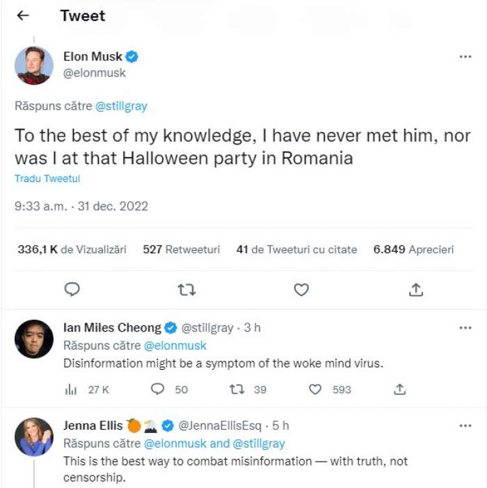 Elon Musk pune capăt speculațiilor unei presupuse legături între el și Andrew Tate: „Nu l-am întâlnit niciodată și nici n-am fost de Halloween în România”