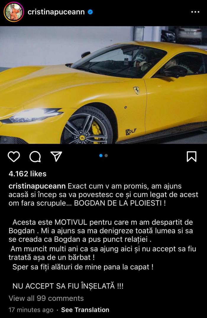 Bogdan de la Ploiești a înșelat-o pe Cristina Pucean! Celebra dansatoare a publicat dovezile: „Om fără scrupule” / FOTO