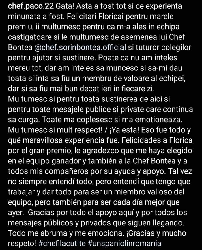 Paco, mesaj emoționant după finala Chefi la cuțite, sezonul 10. Concurentul spaniol a ajuns la inimile publicului: ”Poate că nu...” / FOTO