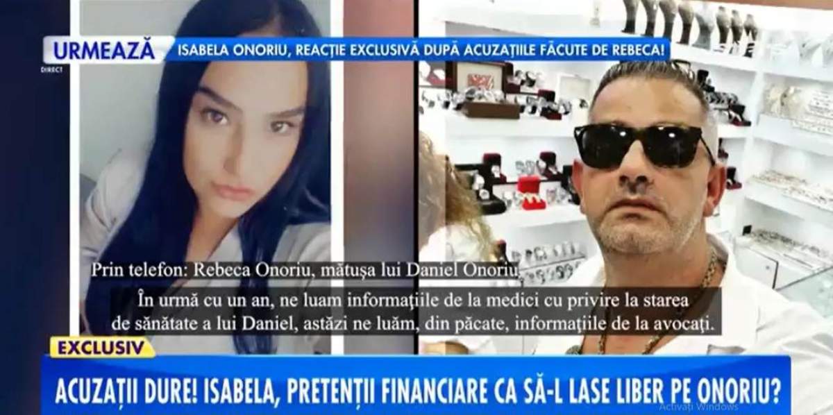 Rebeca Onoriu, declarații în exclusivitate pentru Antena Stars Rebeca Onoriu, acuzații grave la adresa Isabelei. Mătușa lui Daniel susține că încă soția pilotului are pretenții financiare în schimbul libertății lui / VIDEO