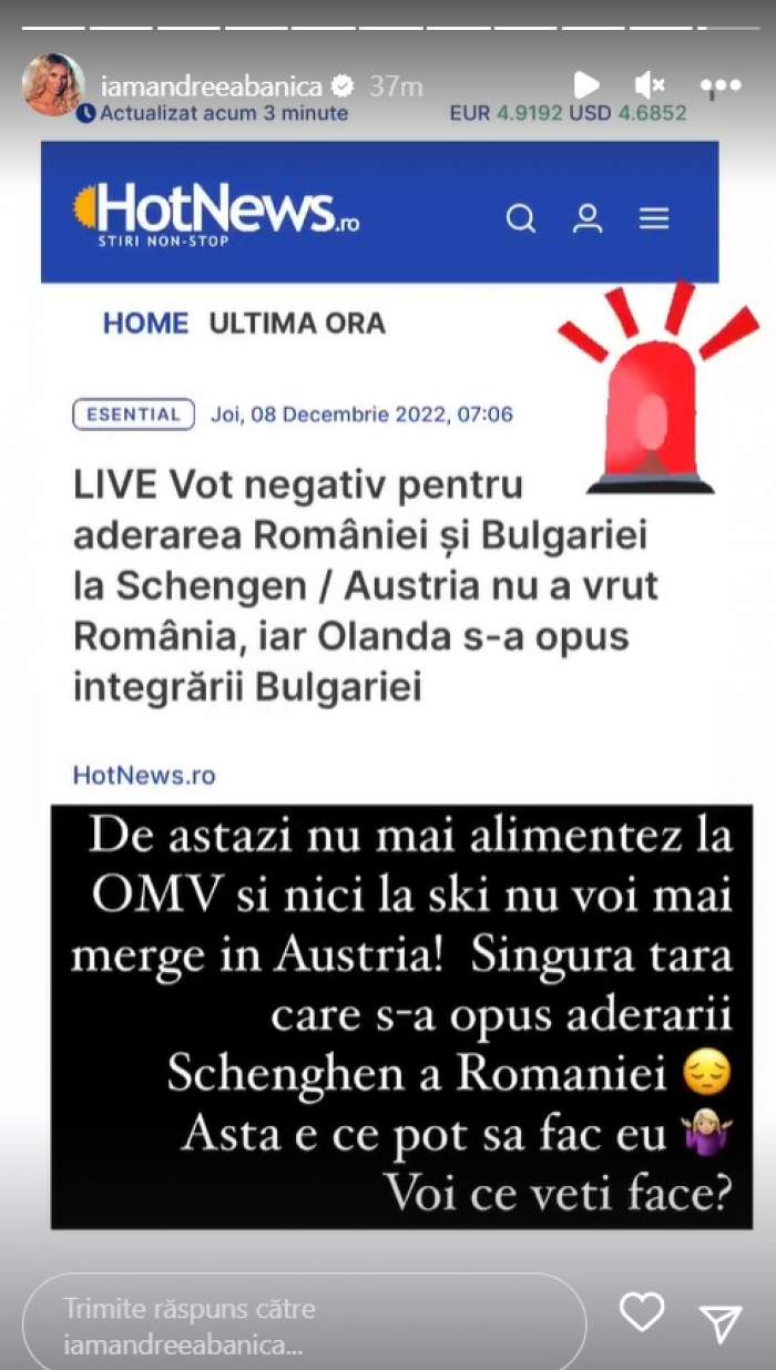 Măsura luată de Andreea Bănică după ce Austria s-a opus aderării României la Schengen. Mesajul cântăreței: „De astăzi nu mai ...”