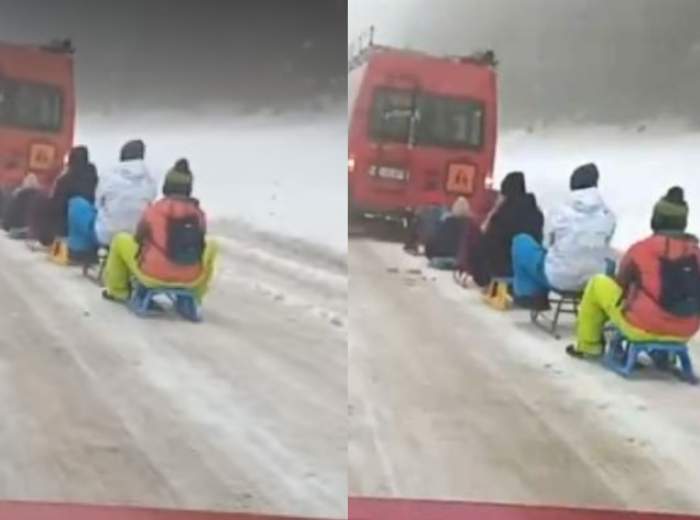 Ce amendă a primit șoferul de 34 de ani care i-a tras pe cei șase copii pe sănii cu mașina, pe o șosea plină de zăpadă, în Hunedoara