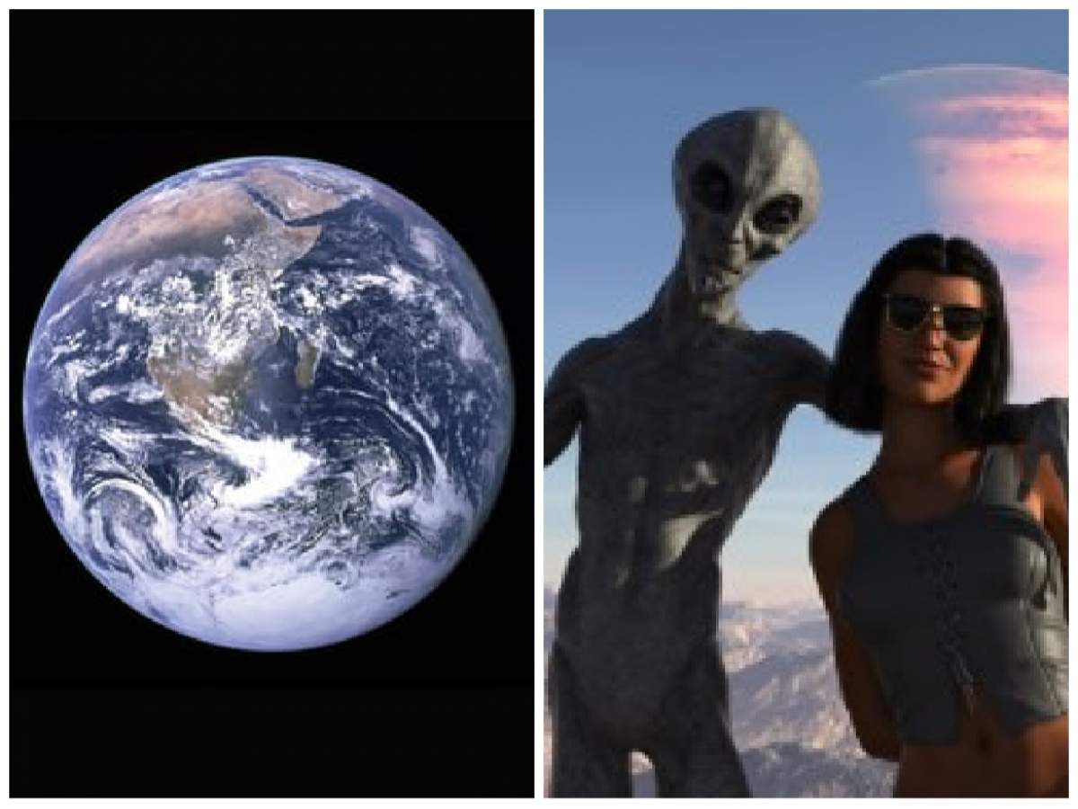 Colaj cu planeta Pământ și o imagine cu un extraterestru alături de o fată