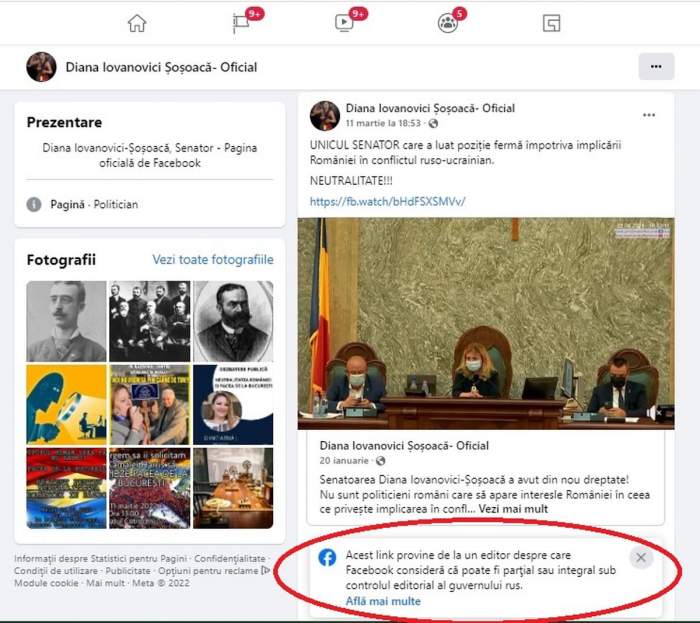 Avertismentul Facebook, după o postare publicată de senatoarea Diana Șoșoacă. “Editorul poate fi parțial sau integral sub controlul editorial al guvernului rus”