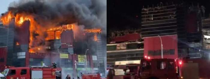 Imagini de coșmar după incendiul puternic din centrul comercial, din București. Pompierii caută victime pe sub dărâmături / VIDEO