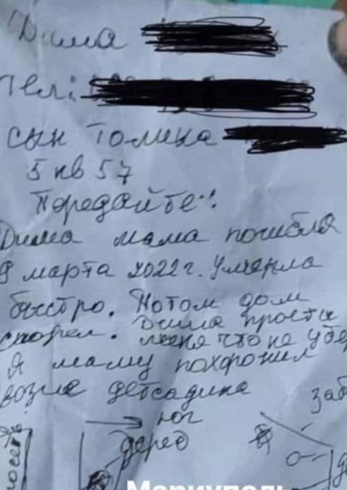 „Dima, mama a murit. Am îngropat-o la...”. Ultimul mesaj scris de un tată din orașul ucrainean Mariupol pentru fiul său / FOTO