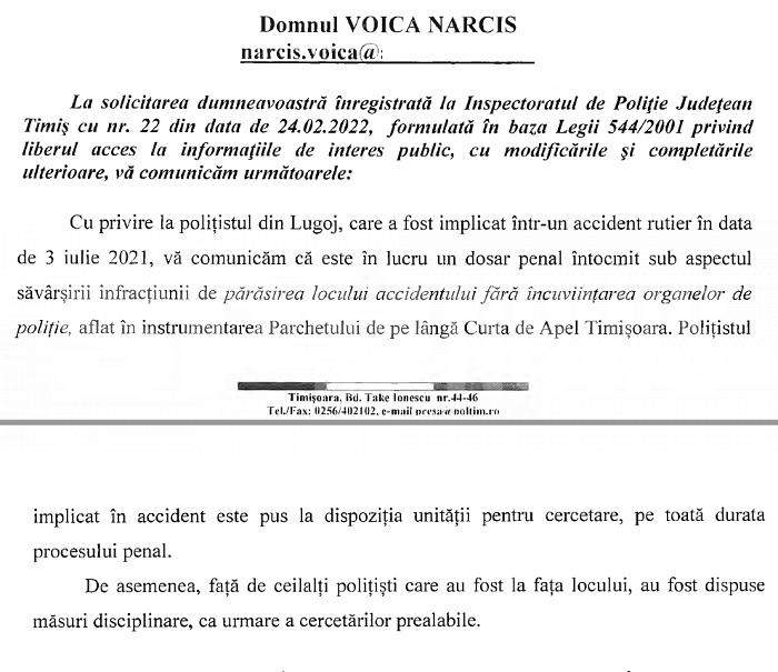 DOCUMENT EXCLUSIV / Ce au pățit polițiștii care au ajutat un coleg beat să fugă de la locul accidentului! Polițistul turmentat încă este cercetat