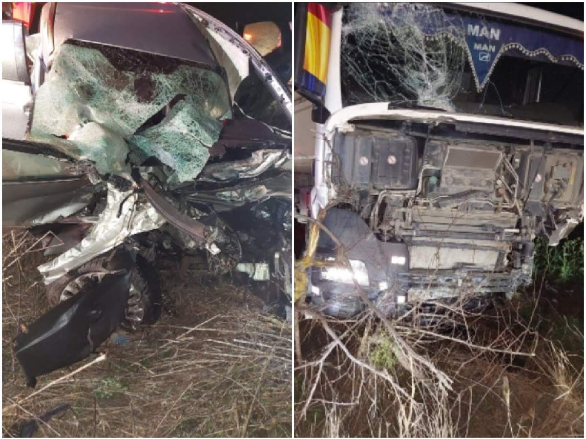 imagini cu mașina și unul dintre TIR-urile implicate în accident