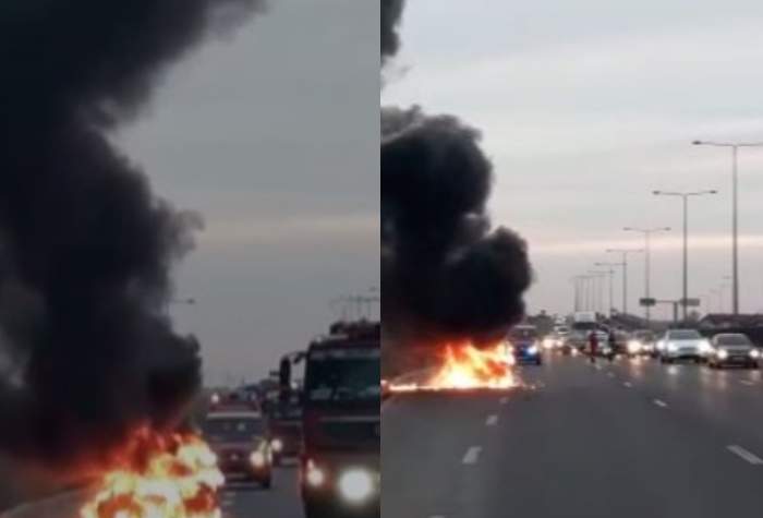 Incendiu de proporții pe autostrada A3. O mașină cumpărată în urmă cu trei zile a luat foc, iar șoferul a scăpat ca prin minune / FOTO