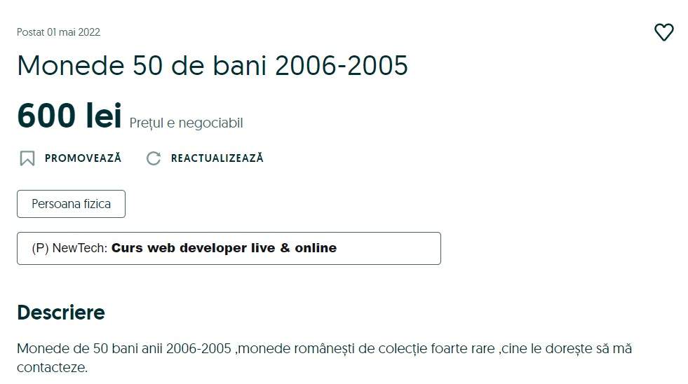 Moneda de 50 de bani a ajuns să coste o sumă impresionantă pe OLX. Ce preț are acum