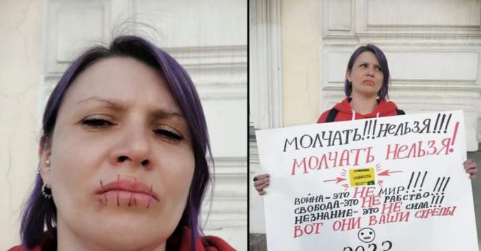 Gest șocant făcut de o activistă rusă! Și-a cusut gura, pentru a protesta împotriva războiului din Ucraina / FOTO