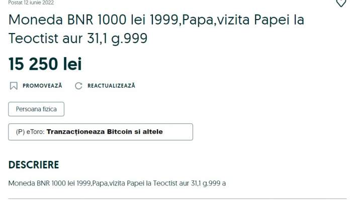 Moneda românească care se vinde cu peste 15.000 de lei pe OLX. E din 1999, dar prețul ei a explodat!