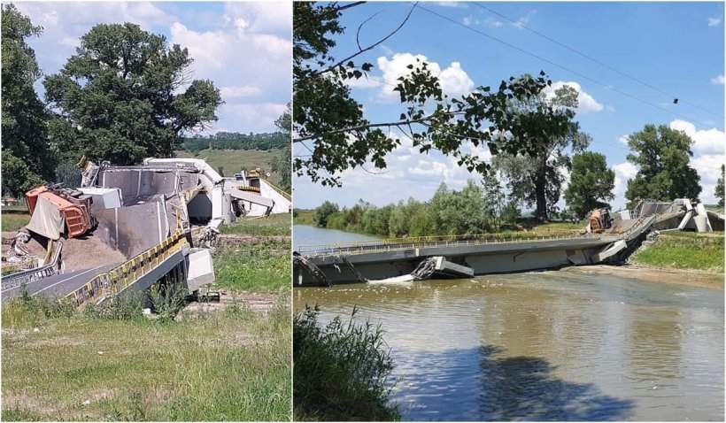 Podul de la Luțca s-a prăbușit, la nici un an după ce fusese reparat. Mașinile au căzut în apă cu tot cu șoferi /VIDEO