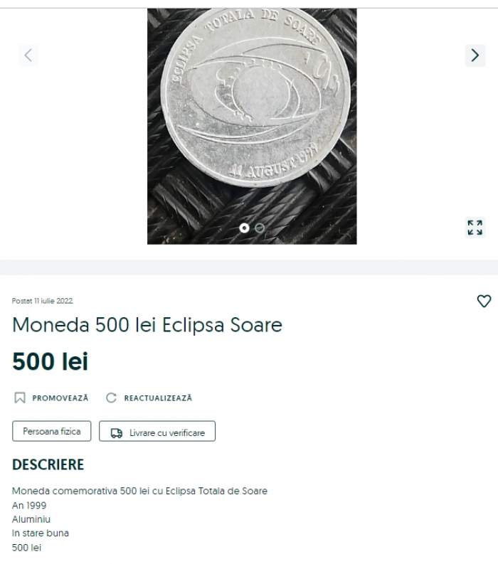 Moneda de 500 de lei, cu eclipsa de soare, se vinde cu o sumă frumoasă pe OLX. Ce preț are acum