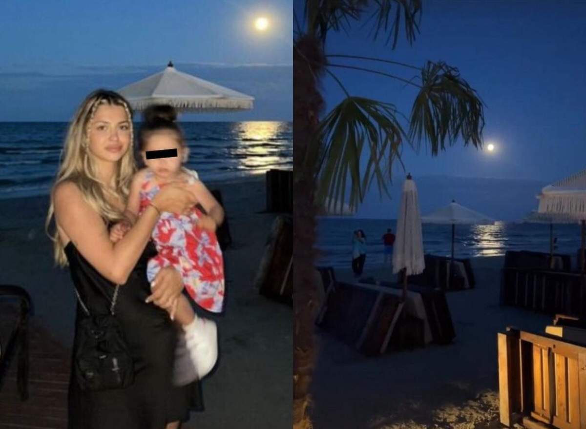 Irina Deaconescu o ține în brațe pe  fiica ei, Victoria, la mare Irina Deaconescu împreună cu fiica ei cea mare, Victoria, la mare
