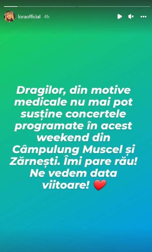 Lora a anunțat că are probleme de sănătate. Ce i se întâmplă cântăreței: „Din motive medicale nu mai pot susține concertele”