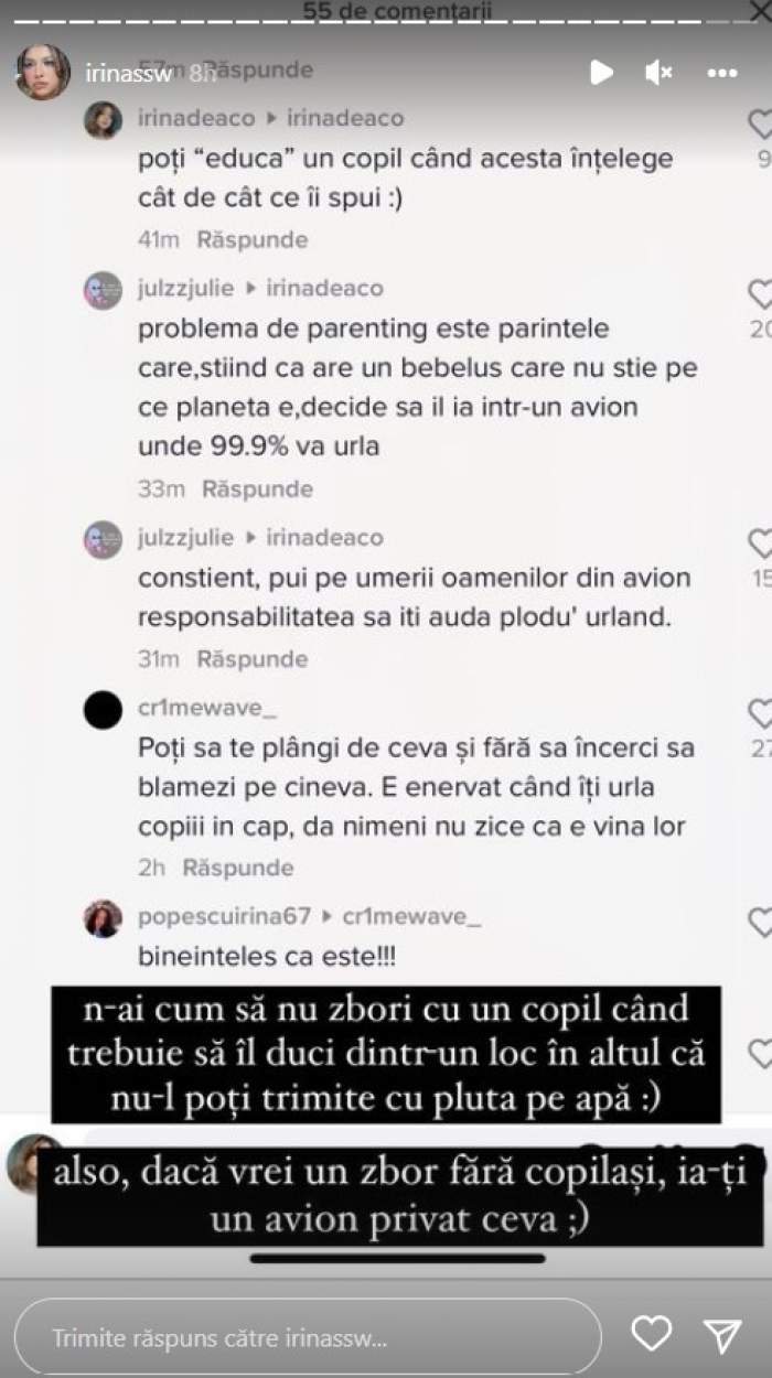 Irina Deaconescu, mesaj tranșant pentru cei deranjați de țipetele copiilor în avion: „Pune căștile în urechi și gura”