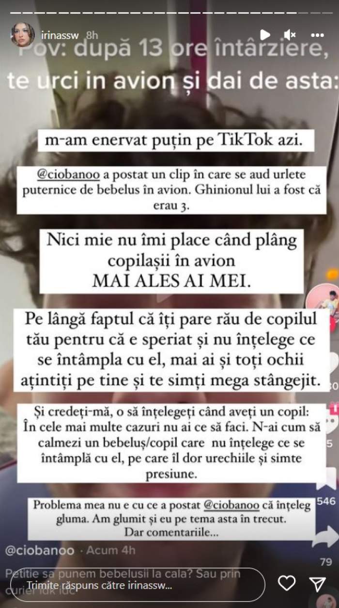 Irina Deaconescu, mesaj tranșant pentru cei deranjați de țipetele copiilor în avion: „Pune căștile în urechi și gura”