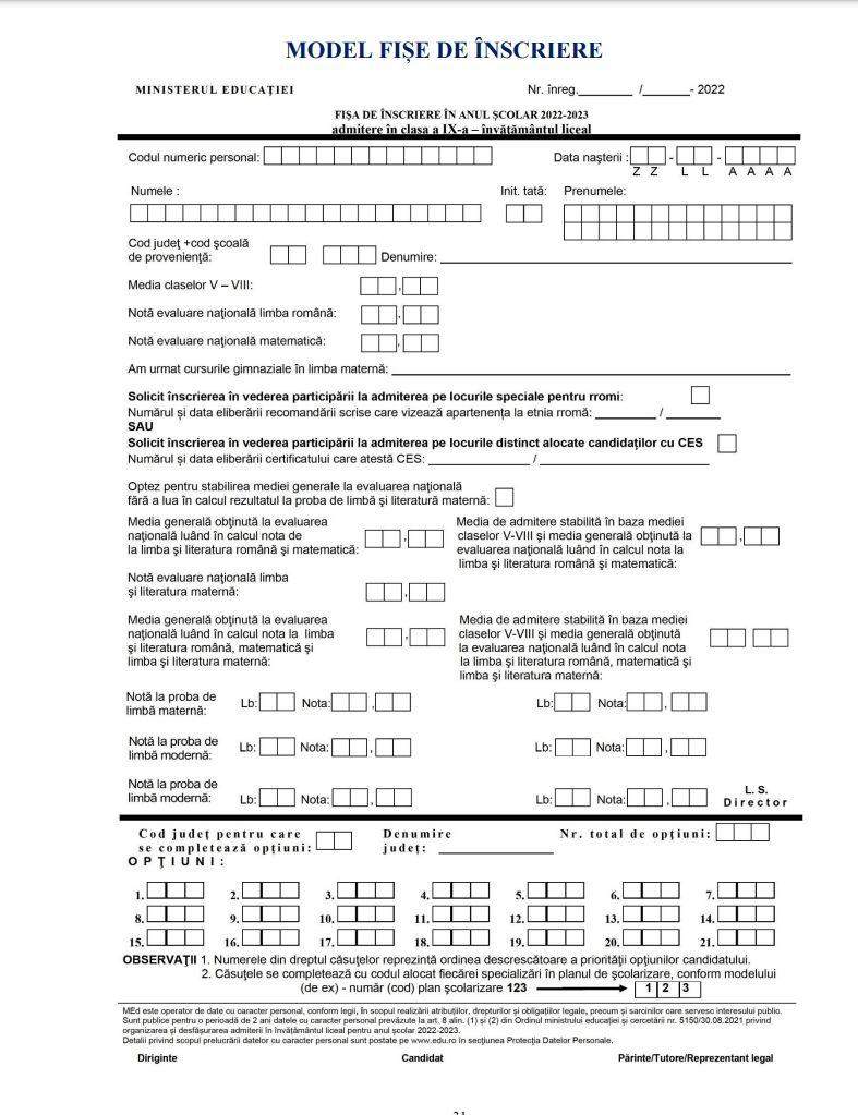 Fișa de înscriere la liceu în anul 2022. Cum se completează corect