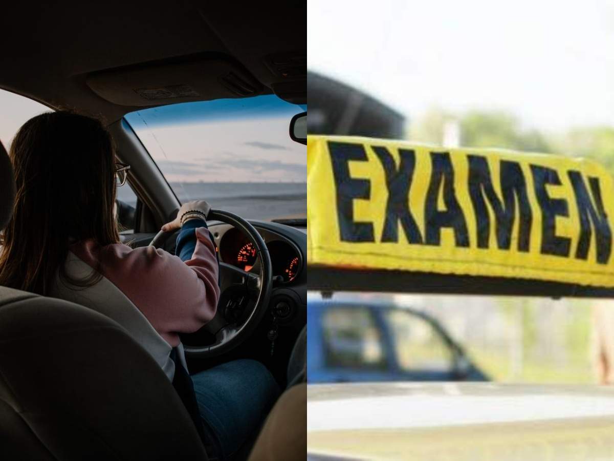Colaj cu o femeie la volan și un semn pentru examenul auto