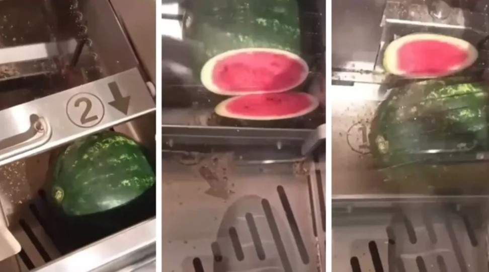 Imagini virale! Un român a tăiat pepenele la supermarket, cu aparatul de feliat pâinea